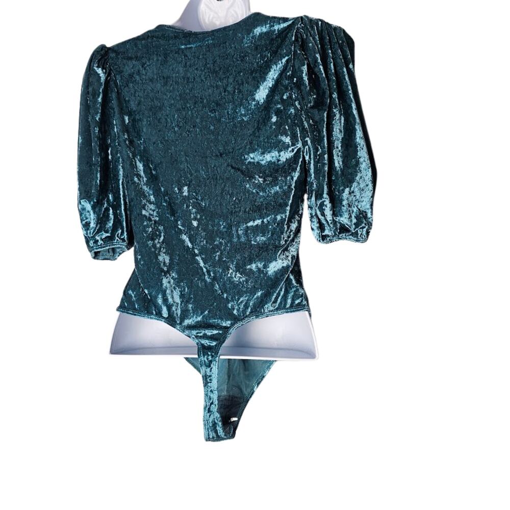 Intimately Free People Velvet Bodysuit XS Teal Crushed Puff Sleeve‎ Romantic NWT - Picture 2 of 10